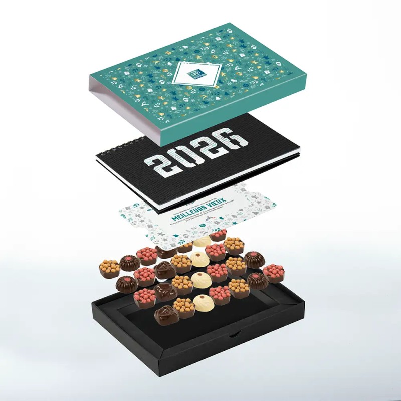 Coffret personnalisé calendrier et chocolats artisanaux - Trilogie Réveillon