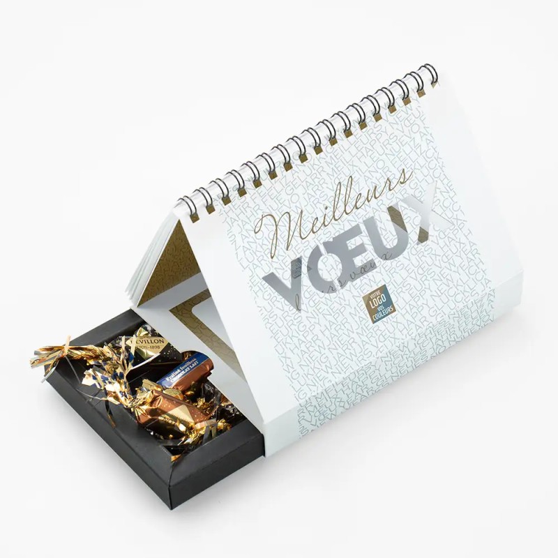 Coffret personnalisé avec calendrier et papillotes de chocolat - Calcao Typo