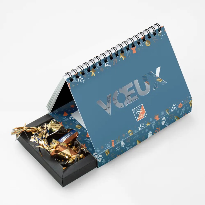 Coffret personnalisé avec calendrier et papillotes de chocolat - Calcao Réveillon
