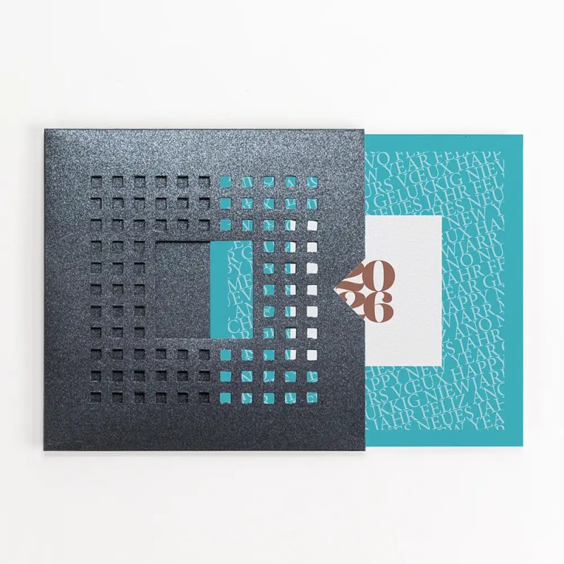 Carte de vœux personnalisée étui gris découpes carrées - Coffret