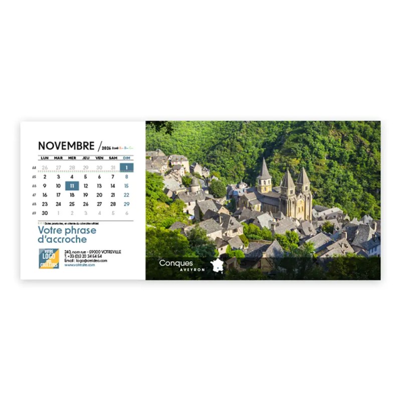 Calendrier chevalet horizontal (23x10 cm) personnalisé - Villages de France