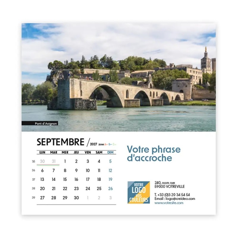 Calendrier chevalet carré (15x15 cm) personnalisé - Patrimoine France
