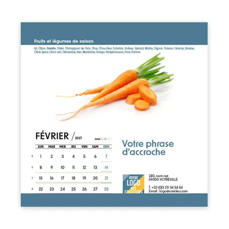 Calendrier chevalet carré (15x15 cm) personnalisé - Fruits et légumes