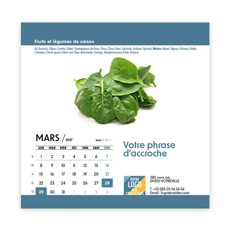 Calendrier chevalet carré (15x15 cm) personnalisé - Fruits et légumes