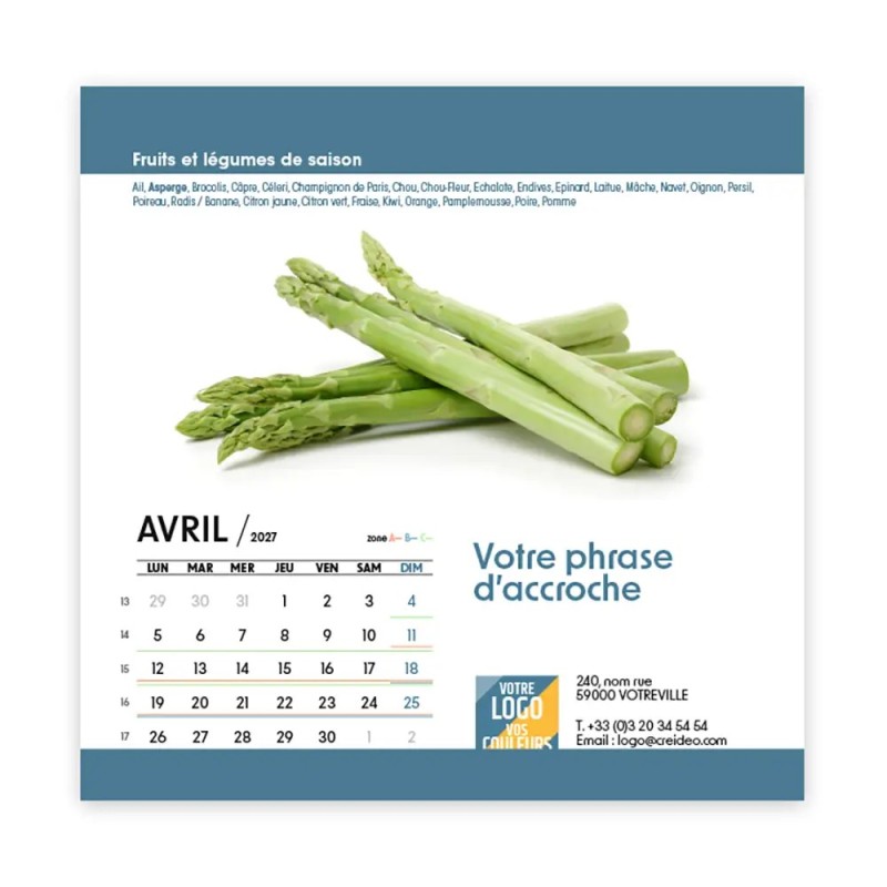 Calendrier chevalet carré (15x15 cm) personnalisé - Fruits et légumes