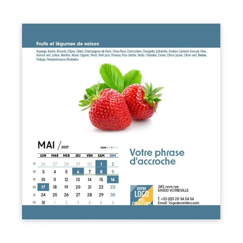 Calendrier chevalet carré (15x15 cm) personnalisé - Fruits et légumes