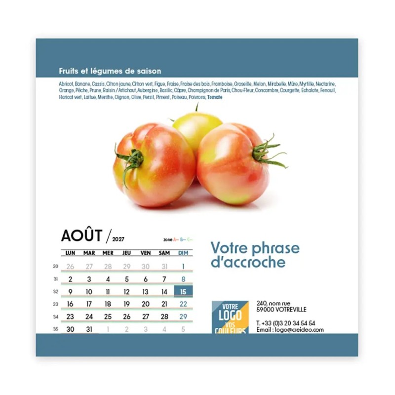 Calendrier chevalet carré (15x15 cm) personnalisé - Fruits et légumes