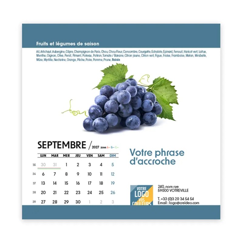 Calendrier chevalet carré (15x15 cm) personnalisé - Fruits et légumes