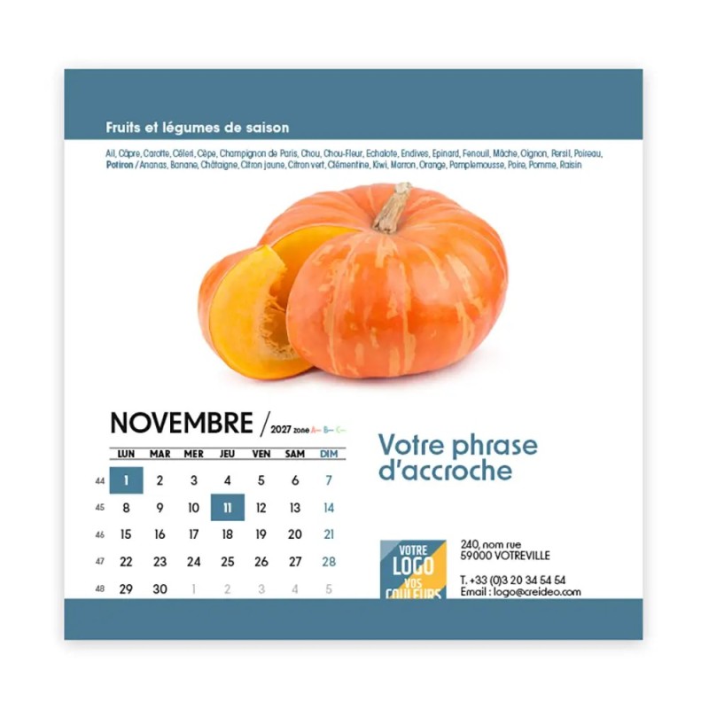 Calendrier chevalet carré (15x15 cm) personnalisé - Fruits et légumes
