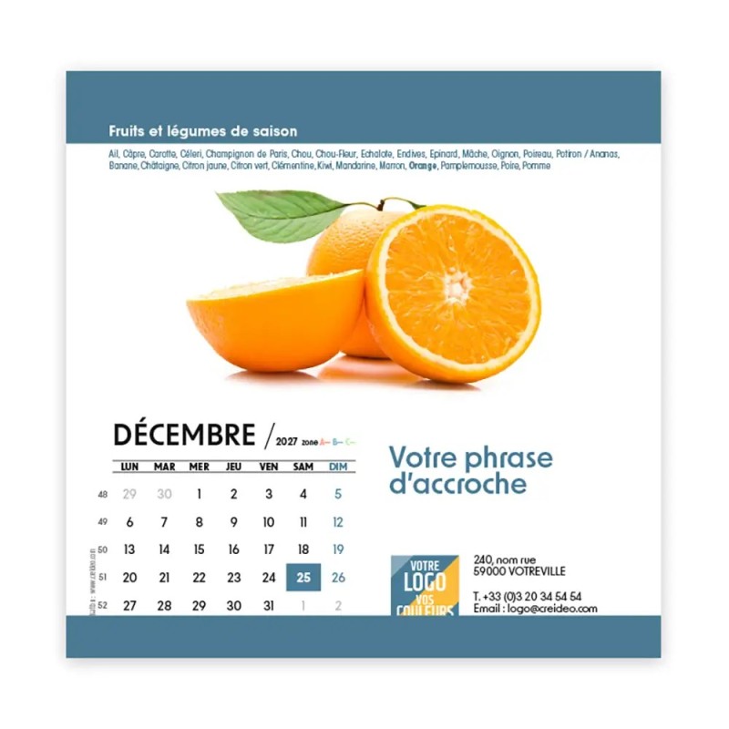 Calendrier chevalet carré (15x15 cm) personnalisé - Fruits et légumes