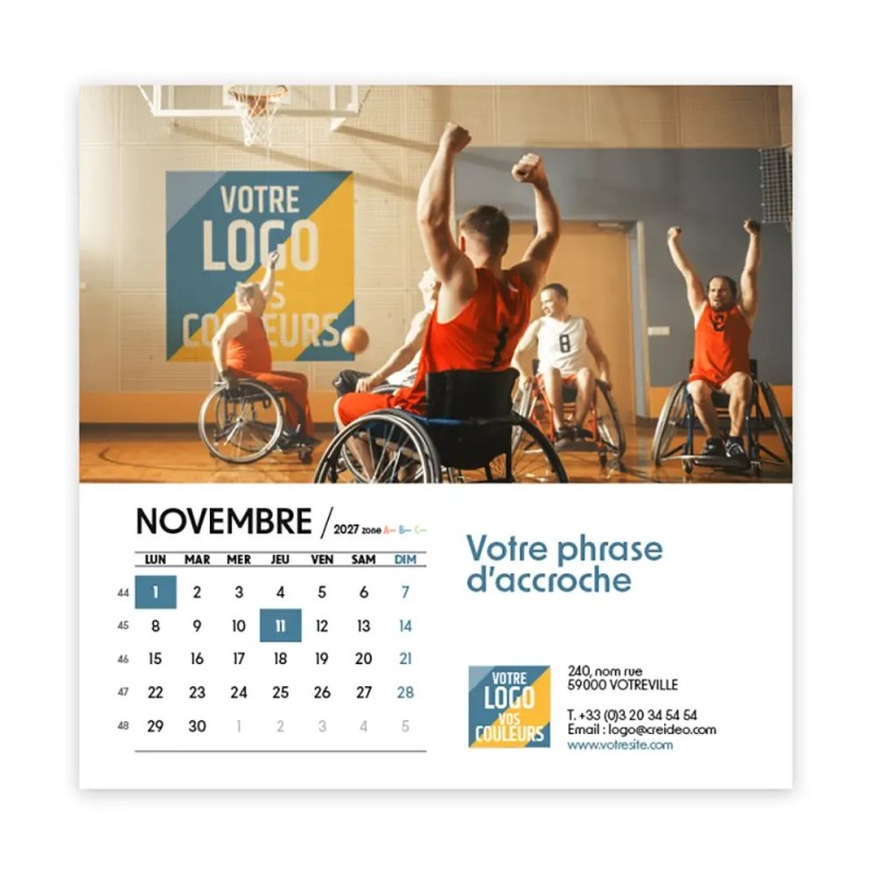 Calendrier chevalet carré (15x15 cm) personnalisé - Logo intégré Valeurs du sport