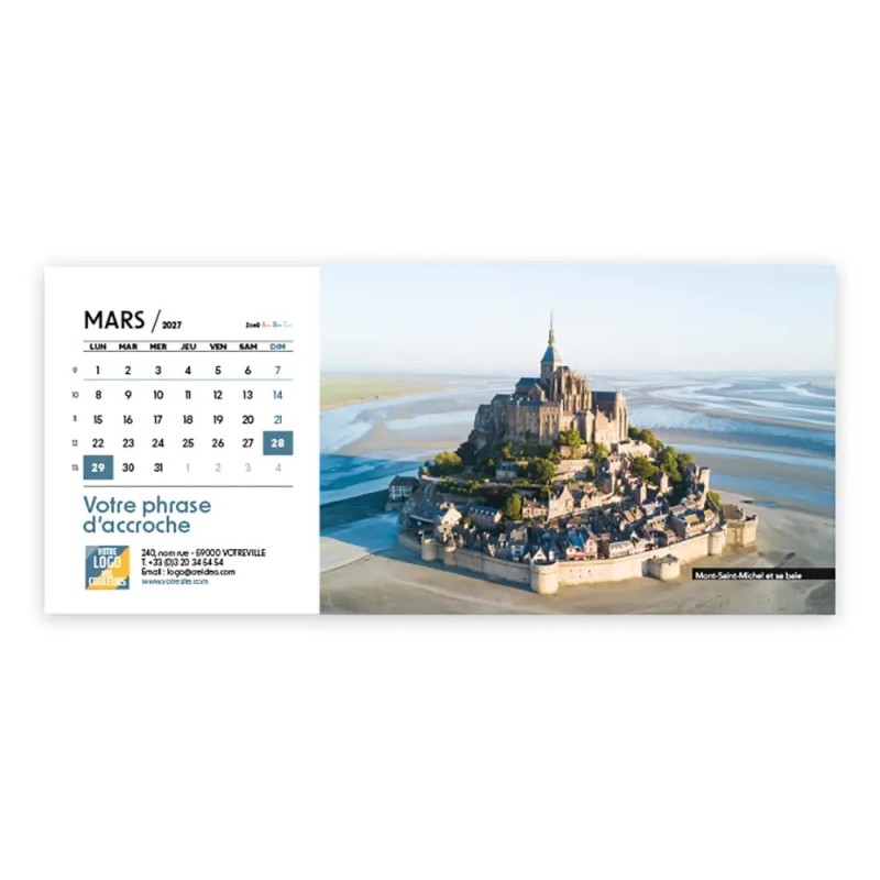Calendrier chevalet horizontal (23x10 cm) personnalisé - Patrimoine France