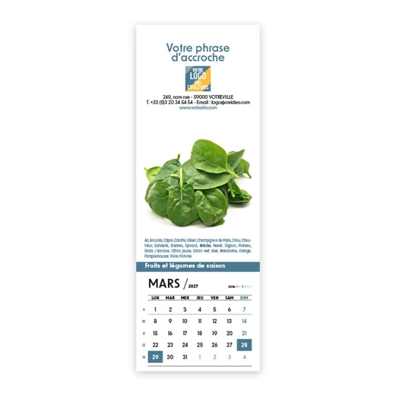 Calendrier chevalet vertical (21x7,5 cm) personnalisé - Fruits et légumes