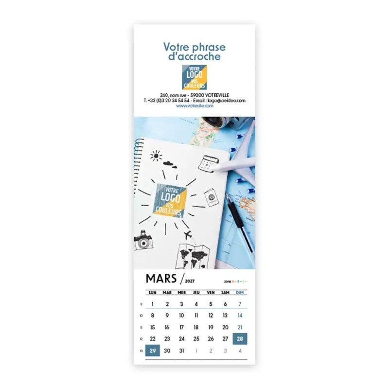 Calendrier chevalet vertical (21x7,5 cm) personnalisé - Logo intégré Voyage