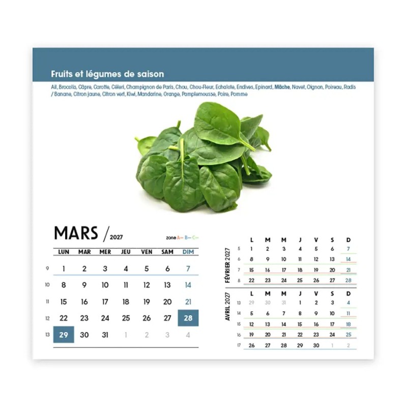 Calendrier chevalet intégral (15x18 cm) personnalisé - Fruits et légumes
