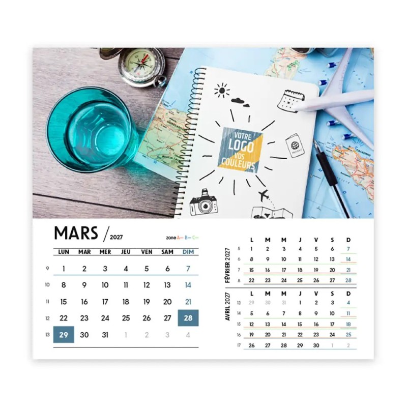 Calendrier chevalet intégral (15x18 cm) personnalisé - Logo intégré Voyage