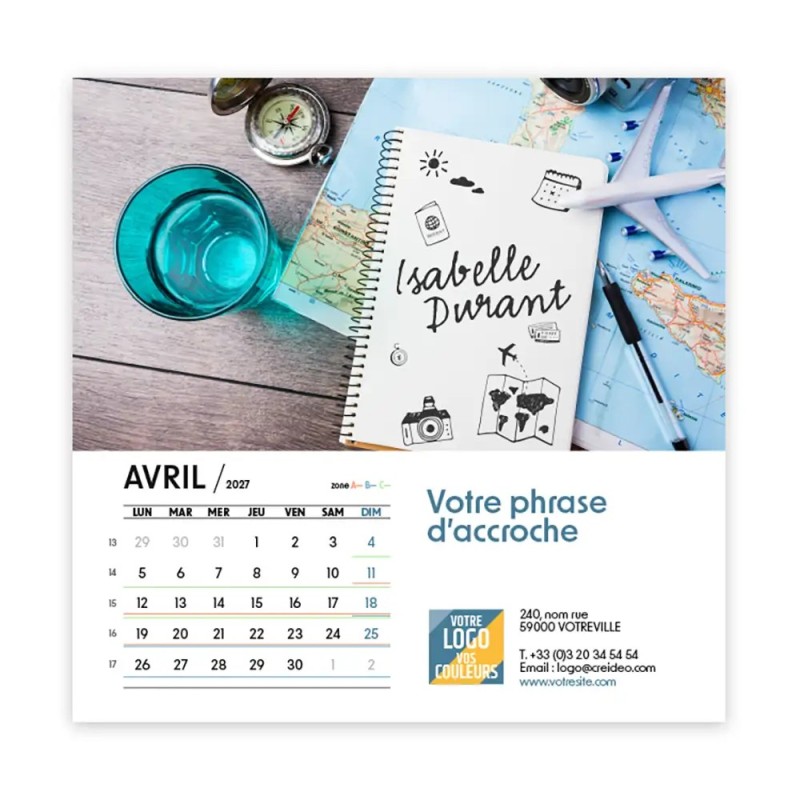 Calendrier chevalet carré (15x15 cm) personnalisé - nominatif Évasion