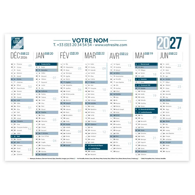 Calendrier bancaire A3 souple personnalisé - 14 mois