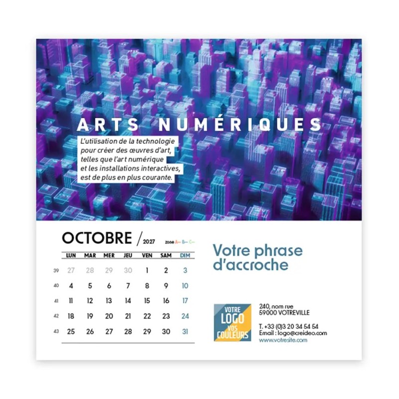 Calendrier chevalet carré (15x15 cm) personnalisé - Arts