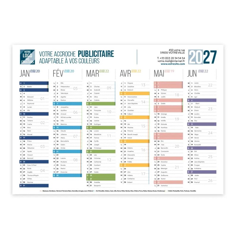 Calendrier bancaire A4 souple personnalisé - Coloré