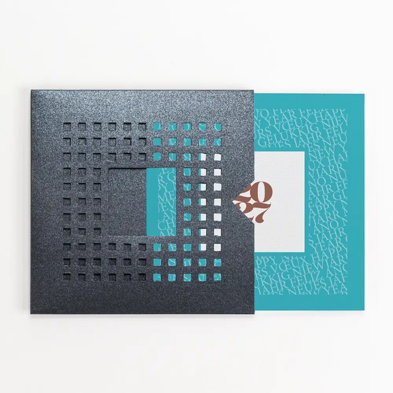 Carte de vœux personnalisée étui gris découpes carrées - Coffret