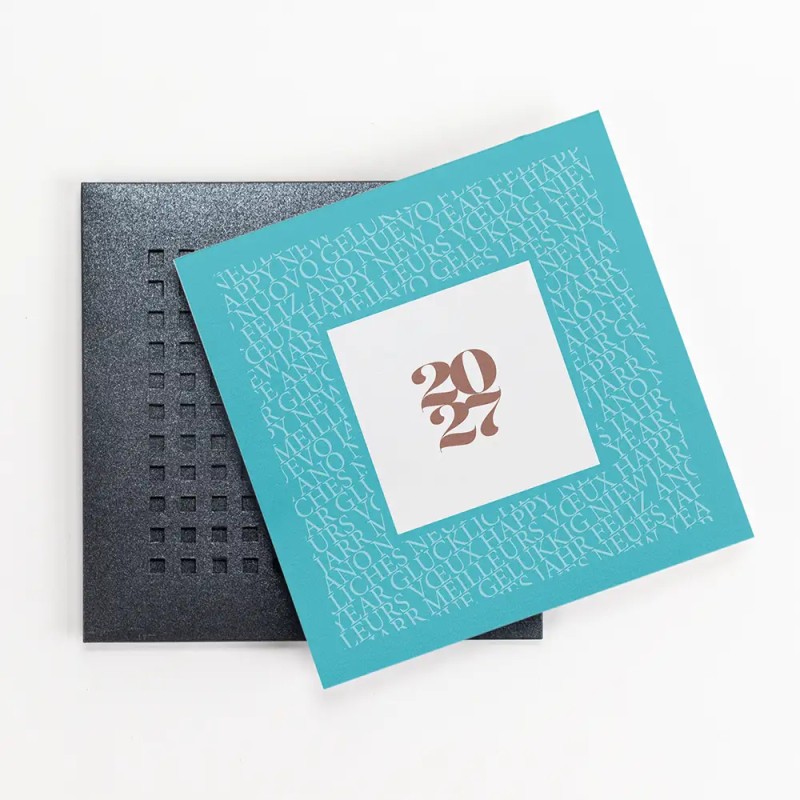 Carte de vœux personnalisée étui gris découpes carrées - Coffret