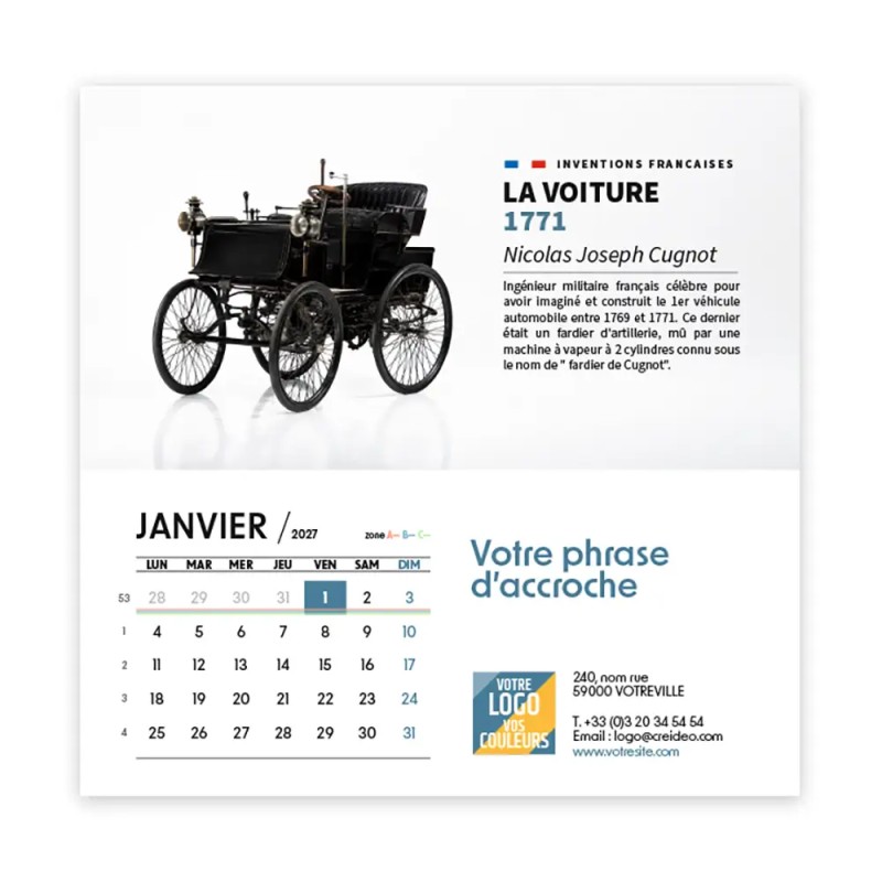 Calendrier chevalet carré (15x15 cm) personnalisé - Inventions Françaises