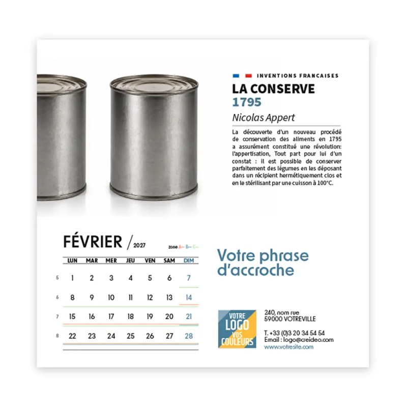 Calendrier chevalet carré (15x15 cm) personnalisé - Inventions Françaises