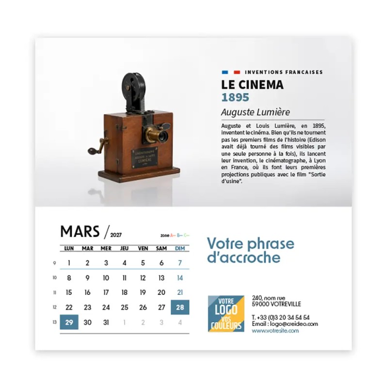 Calendrier chevalet carré (15x15 cm) personnalisé - Inventions Françaises