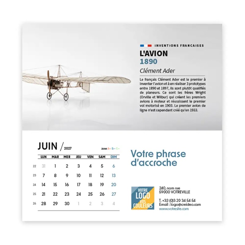 Calendrier chevalet carré (15x15 cm) personnalisé - Inventions Françaises