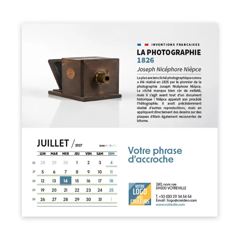 Calendrier chevalet carré (15x15 cm) personnalisé - Inventions Françaises