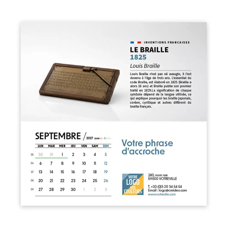 Calendrier chevalet carré (15x15 cm) personnalisé - Inventions Françaises