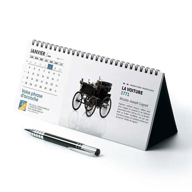 Calendrier chevalet horizontal (23x10 cm) personnalisé - Inventions Françaises