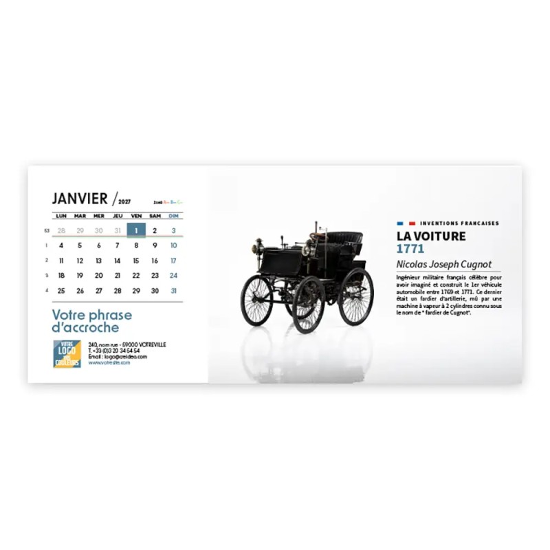 Calendrier chevalet horizontal (23x10 cm) personnalisé - Inventions Françaises