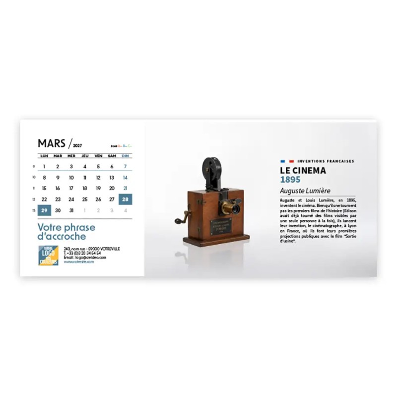 Calendrier chevalet horizontal (23x10 cm) personnalisé - Inventions Françaises