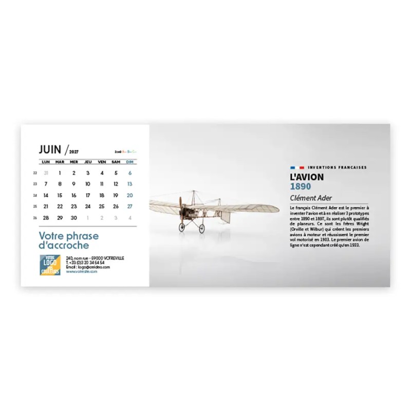 Calendrier chevalet horizontal (23x10 cm) personnalisé - Inventions Françaises