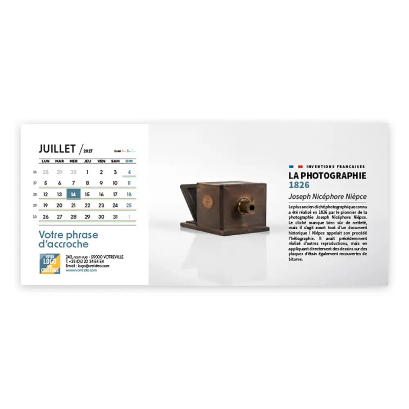 Calendrier chevalet horizontal (23x10 cm) personnalisé - Inventions Françaises