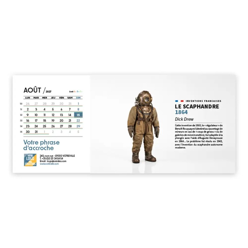 Calendrier chevalet horizontal (23x10 cm) personnalisé - Inventions Françaises