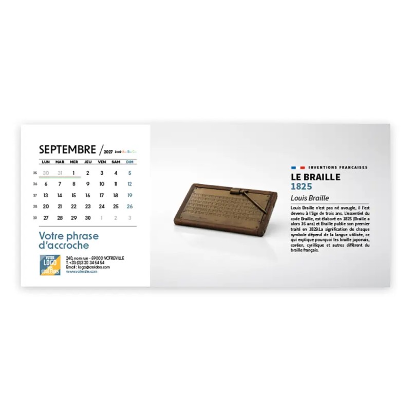 Calendrier chevalet horizontal (23x10 cm) personnalisé - Inventions Françaises