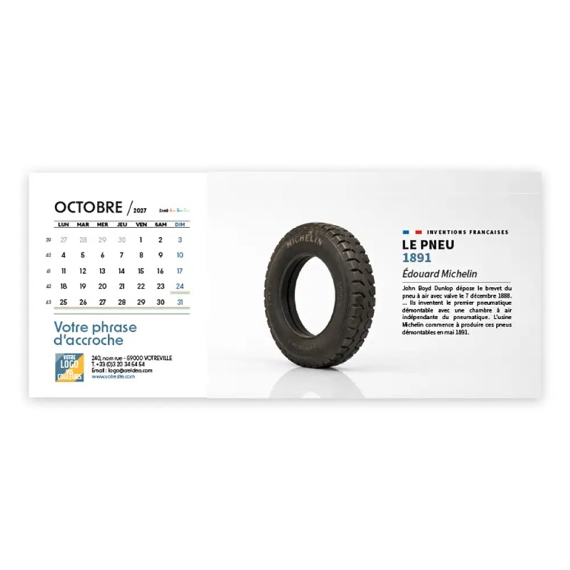 Calendrier chevalet horizontal (23x10 cm) personnalisé - Inventions Françaises