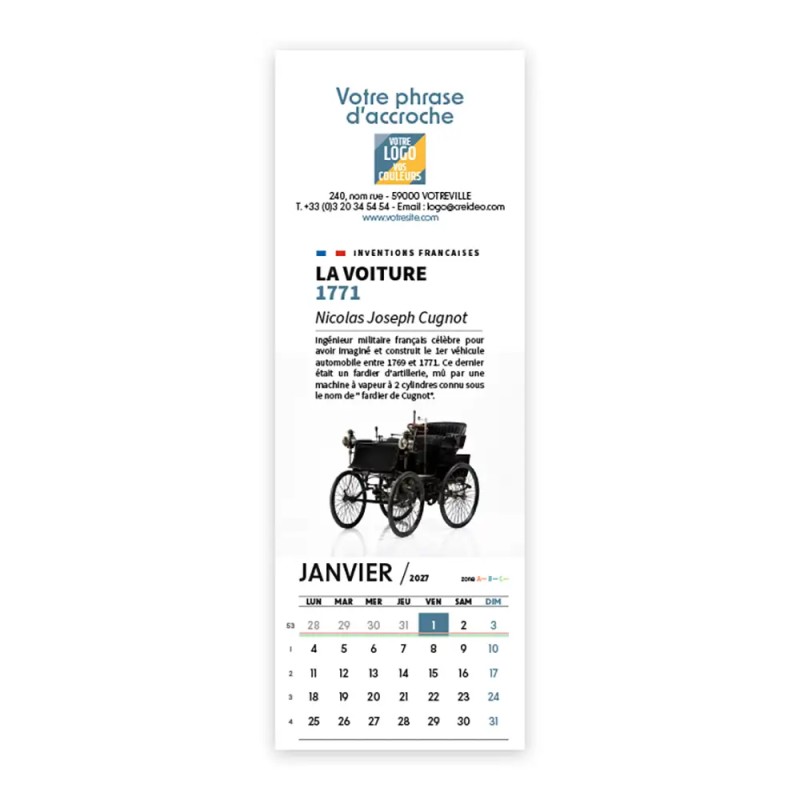 Calendrier chevalet vertical (21x7,5 cm) personnalisé - Inventions Françaises