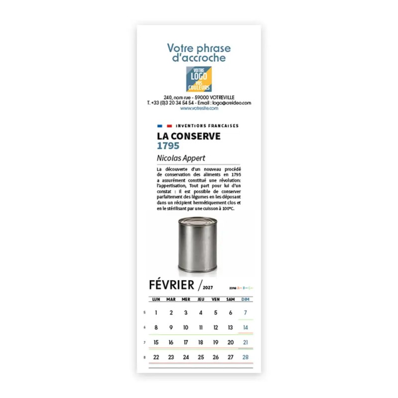 Calendrier chevalet vertical (21x7,5 cm) personnalisé - Inventions Françaises