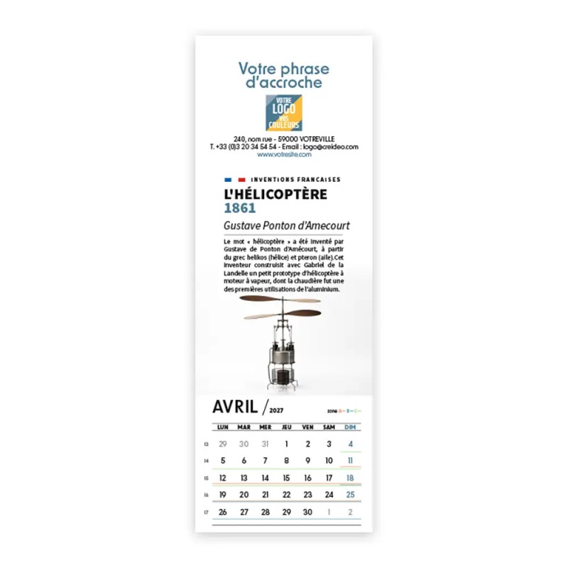 Calendrier chevalet vertical (21x7,5 cm) personnalisé - Inventions Françaises