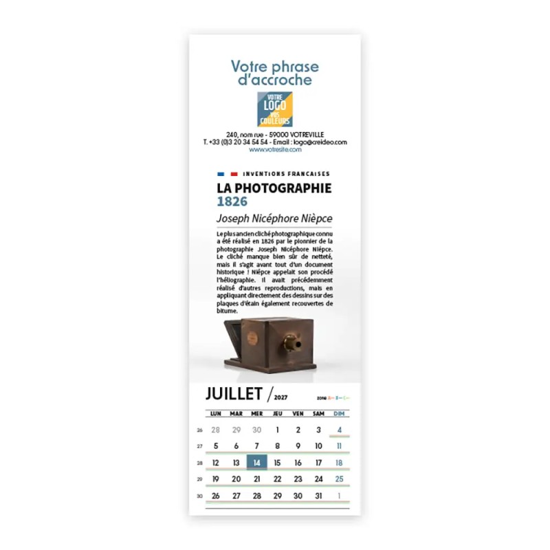 Calendrier chevalet vertical (21x7,5 cm) personnalisé - Inventions Françaises