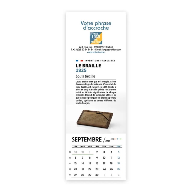Calendrier chevalet vertical (21x7,5 cm) personnalisé - Inventions Françaises