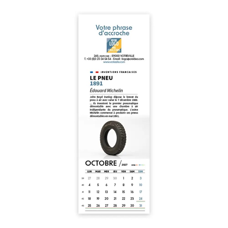 Calendrier chevalet vertical (21x7,5 cm) personnalisé - Inventions Françaises