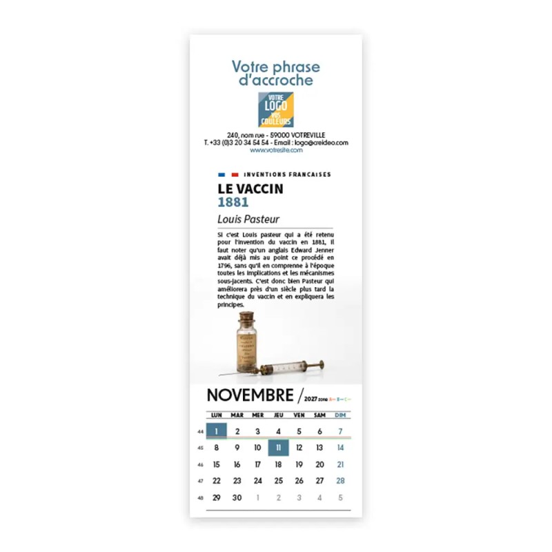 Calendrier chevalet vertical (21x7,5 cm) personnalisé - Inventions Françaises