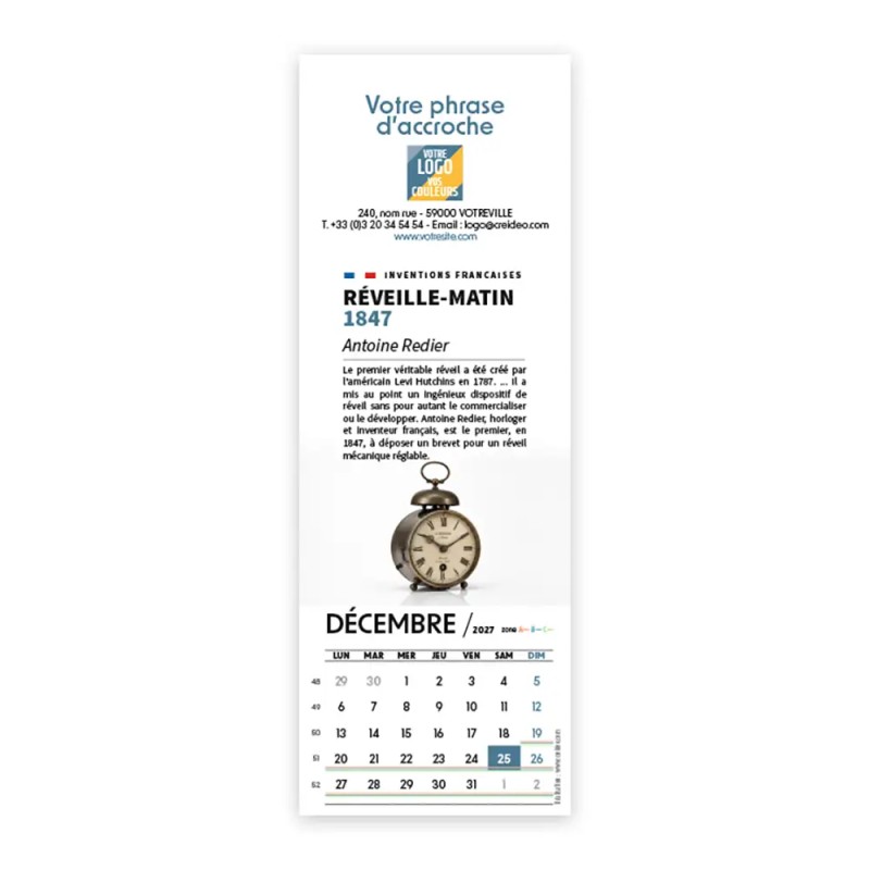 Calendrier chevalet vertical (21x7,5 cm) personnalisé - Inventions Françaises