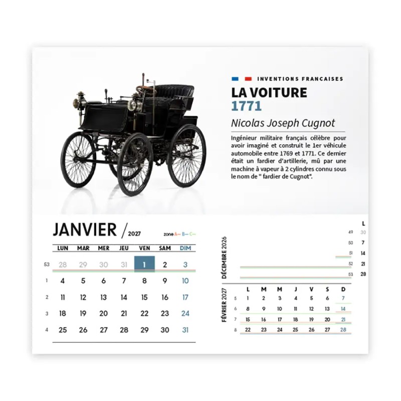 Calendrier chevalet intégral (15x18 cm) personnalisé - Inventions Françaises