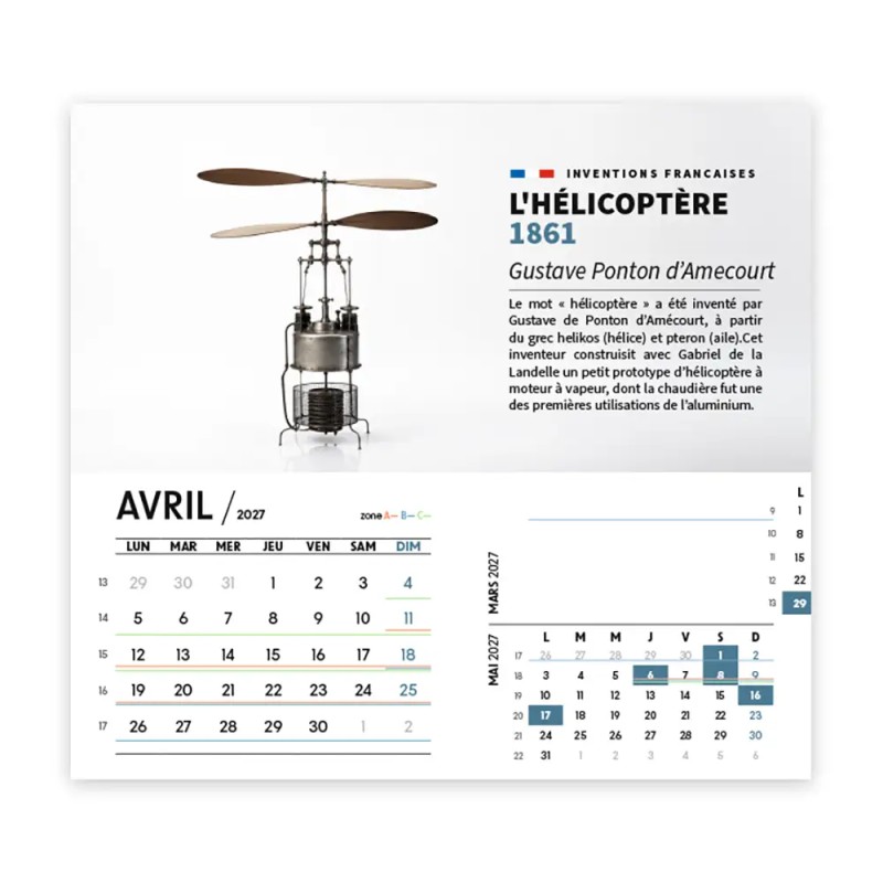 Calendrier chevalet intégral (15x18 cm) personnalisé - Inventions Françaises